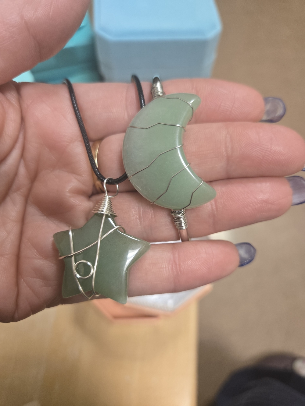 Green Aventurine Crescent Moon and Star Pendant Necklace Set